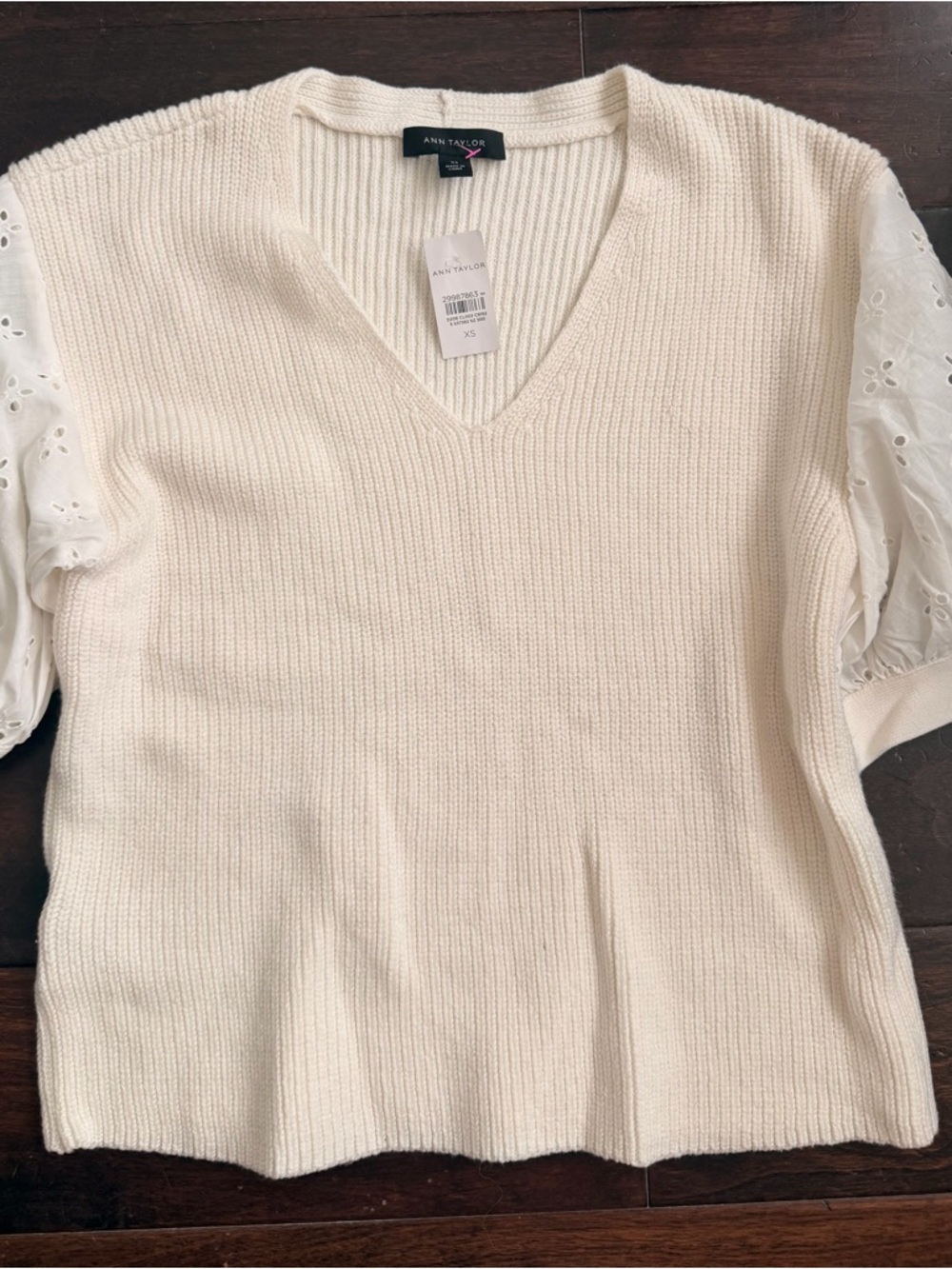 Ann Taylor Cream V-Neck Knit Top with Eyelet Puff Sleeves